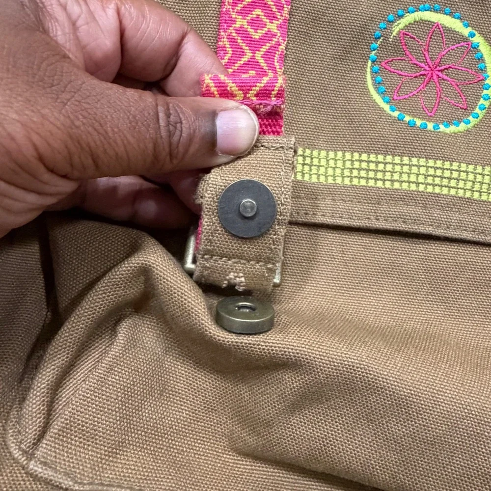 American Girl Brown Canvas Messenger Crossbody Bag Pink Yellow Embroidery Kids